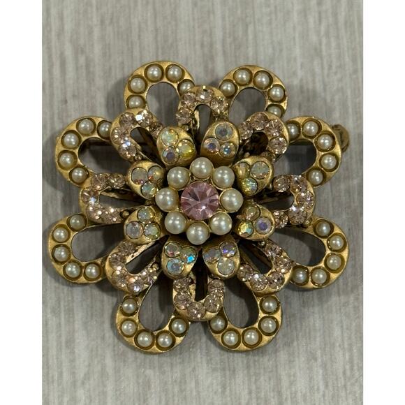 Vintage Lee Angel Brooch Matte Gold Tone Pearl Aurora Borealis Rhinestone - Picture 1 of 6